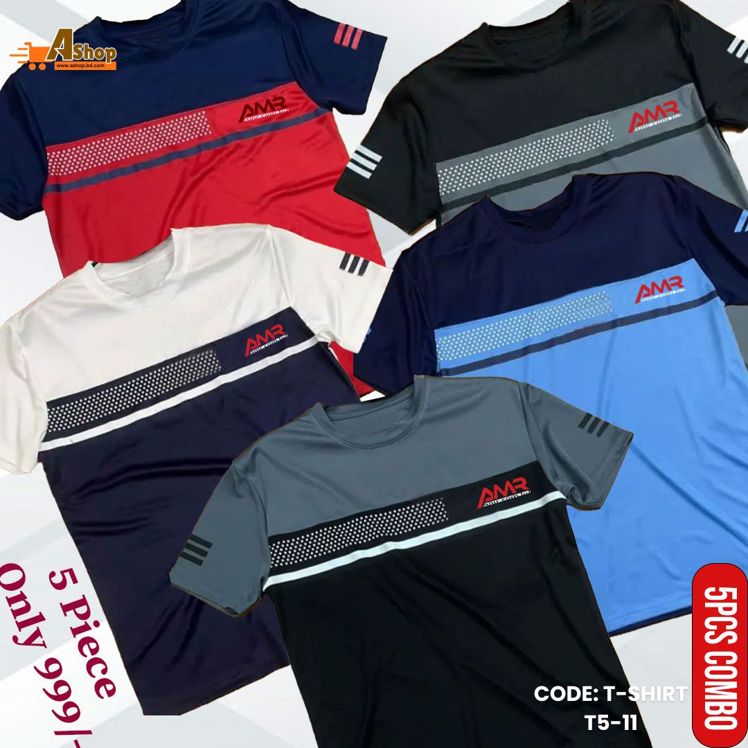 5 Pcs Premium Quality AMR Brand Mesh fabric Contest Color T-Shirt T5-11