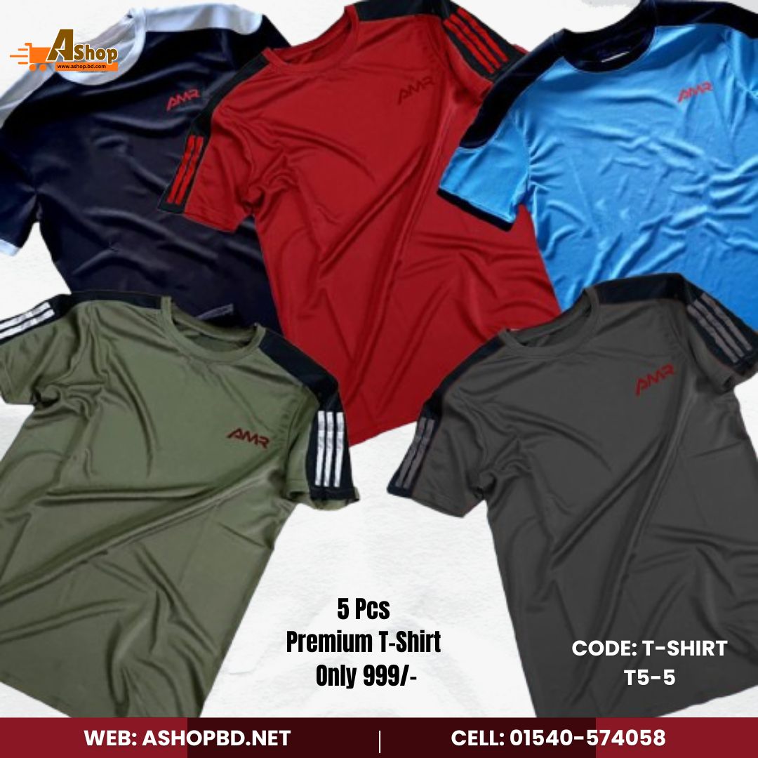 5 Pcs Premium Quality AMR Brand Mesh fabric Contest Color T-Shirt T5-5