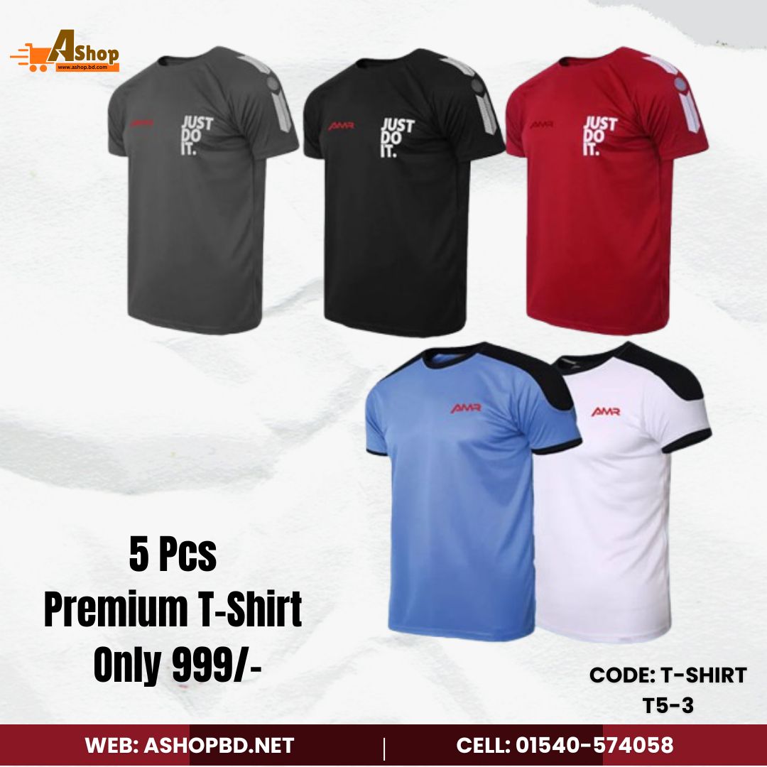 5 Pcs Premium Quality AMR Brand Mesh fabric Contest Color T-Shirt T5-3