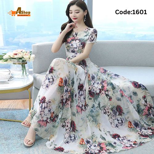 Party Evening Casual Print Maxi Gown Dress Short Sleeve For Women Dress 1601