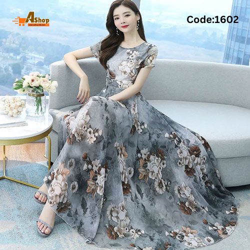 Party Evening Casual Print Maxi Gown Dress Short Sleeve For Women Dress 1602
