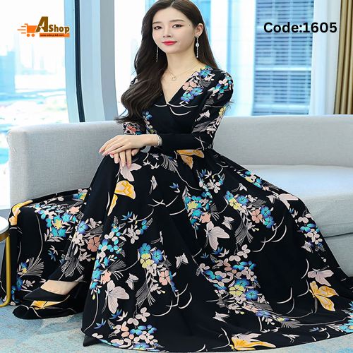 Party Evening Casual Print Maxi Gown Dress Long Sleeve For Women Dress 1605