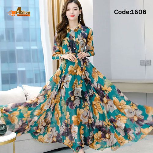 Female Elegant Party Evening Casual Print Gown Dress Long Sleeve For Women 1606