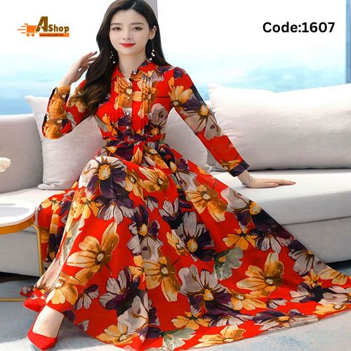 Female Elegant Party Evening Casual Print Gown Dress Long Sleeve For Women 1607