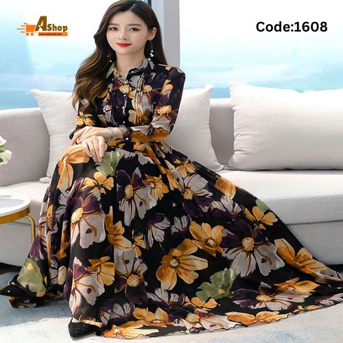 Female Elegant Party Evening Casual Print Gown Dress Long Sleeve For Women 1608