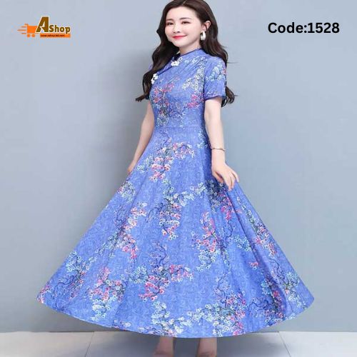 Women High Quality Exclusive Stylish China Vintage Print design Long sleeve Long Kurti One Pcs Dress Sky Color 1528