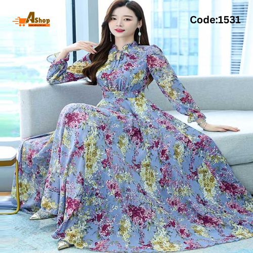 Exclusive Stylish Azmiry High Quality 3D Print Long sleeve Long Kurti Sky Color 1531