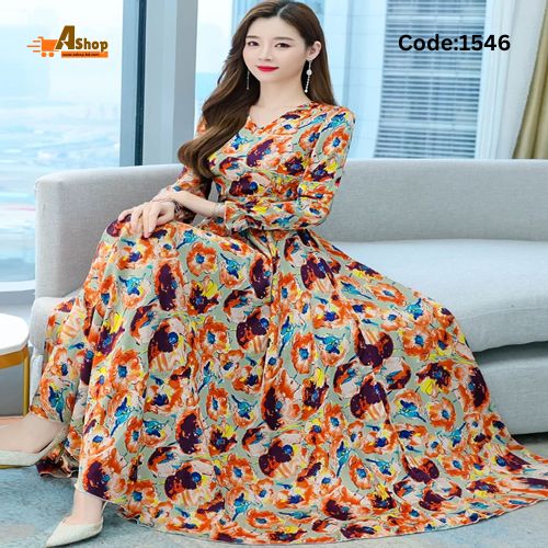 Stylish Muslim Long Gown Boho Floral Chiffon Dress Long Sleeve For Women 1546